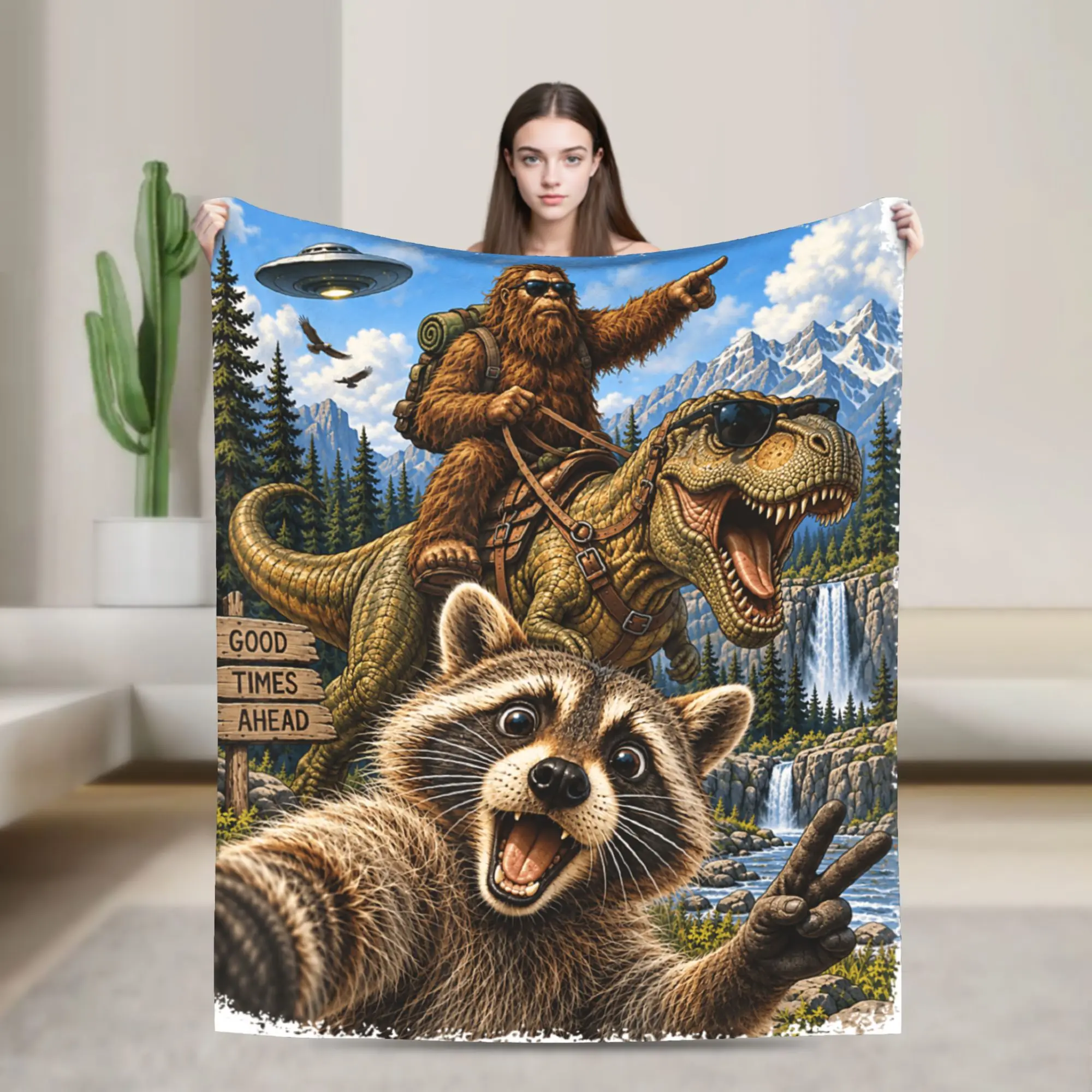 Funny Bigfoot Ride Dinosaur Raccoon Throw Blanket for Couch  Soft Fuzzy Plush Blanket 50x60 Inch Multi-size Bedspread