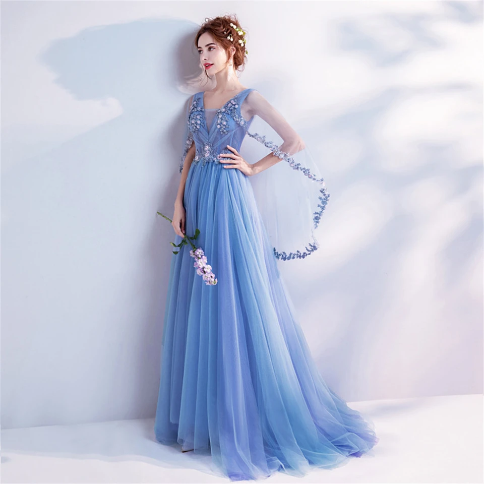 Gaun Malam Formal 2025 Tangki Tulle Applique Kerah V Dalam Elegan untuk Wanita Gaun Pesta Sapu Kereta Gaun Prom