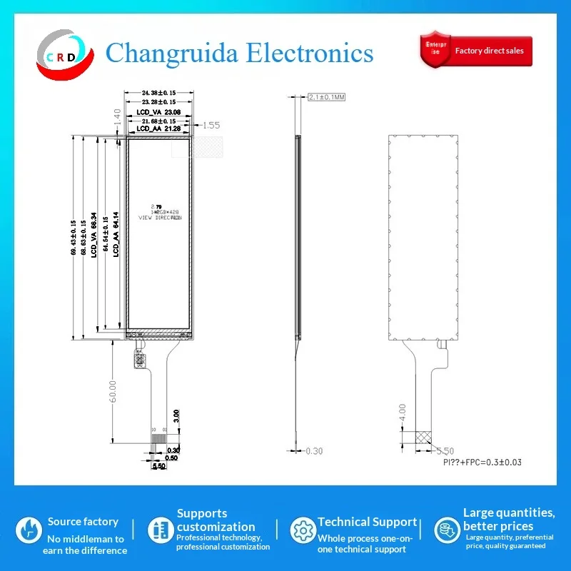 2.79-inch TFT LCD Display NV3007 Small Screen 142x428 Monitor Color Screen SPI Strip Display