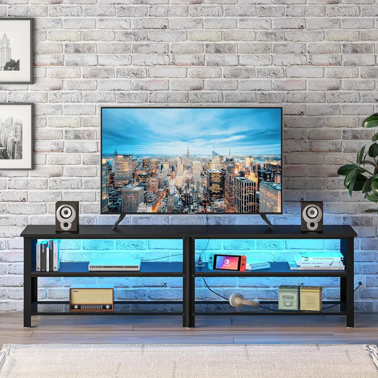 Modern Black 71 inch Metal TV Stand with LED Lights and Power Outlets for 50 60 65 70 75 80 Inch TVs, 3 Tier Television Stands w