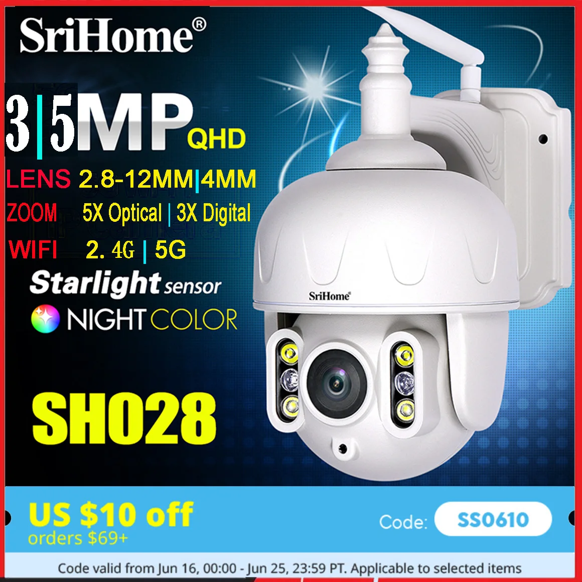 

Srihome SH028 3.0/5.0MP Outdoor IP Camera Waterproof 5X Optical Zoom Wifi 360° P2P 2-Way Audio Wireless Surveillance CCTV PTZ