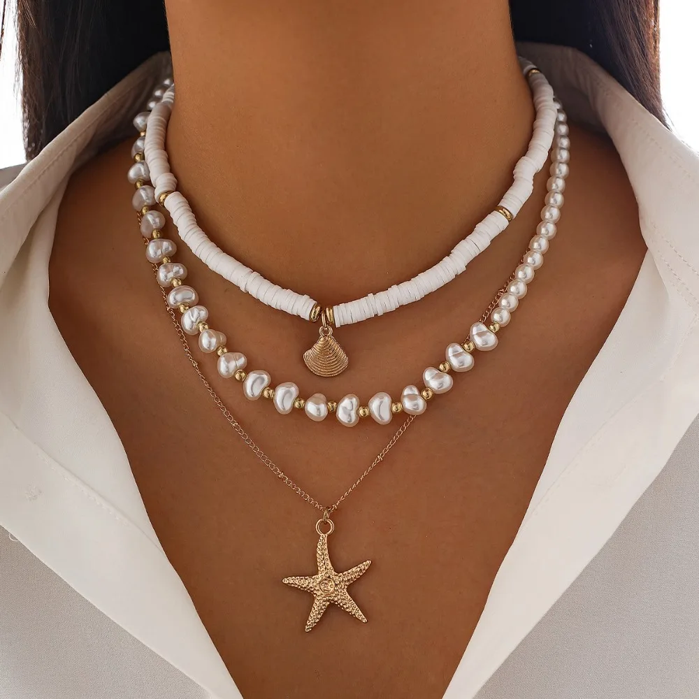 4pcs Set Boho Baroque Imitation Pearl Shell Starfish Crushed Stone Beaded Multi-layer Fold Wear Necklace for Women Jewelry Gifts