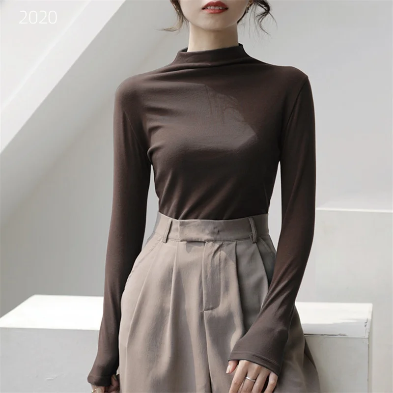 قميص نسائي بياقة نصف عالية وأكمام طويلة، ضيق ومريح للارتداء الداخلي، أنيق للربيع والخريف، متعدد الاستخدامات من البوليستر بأسل...