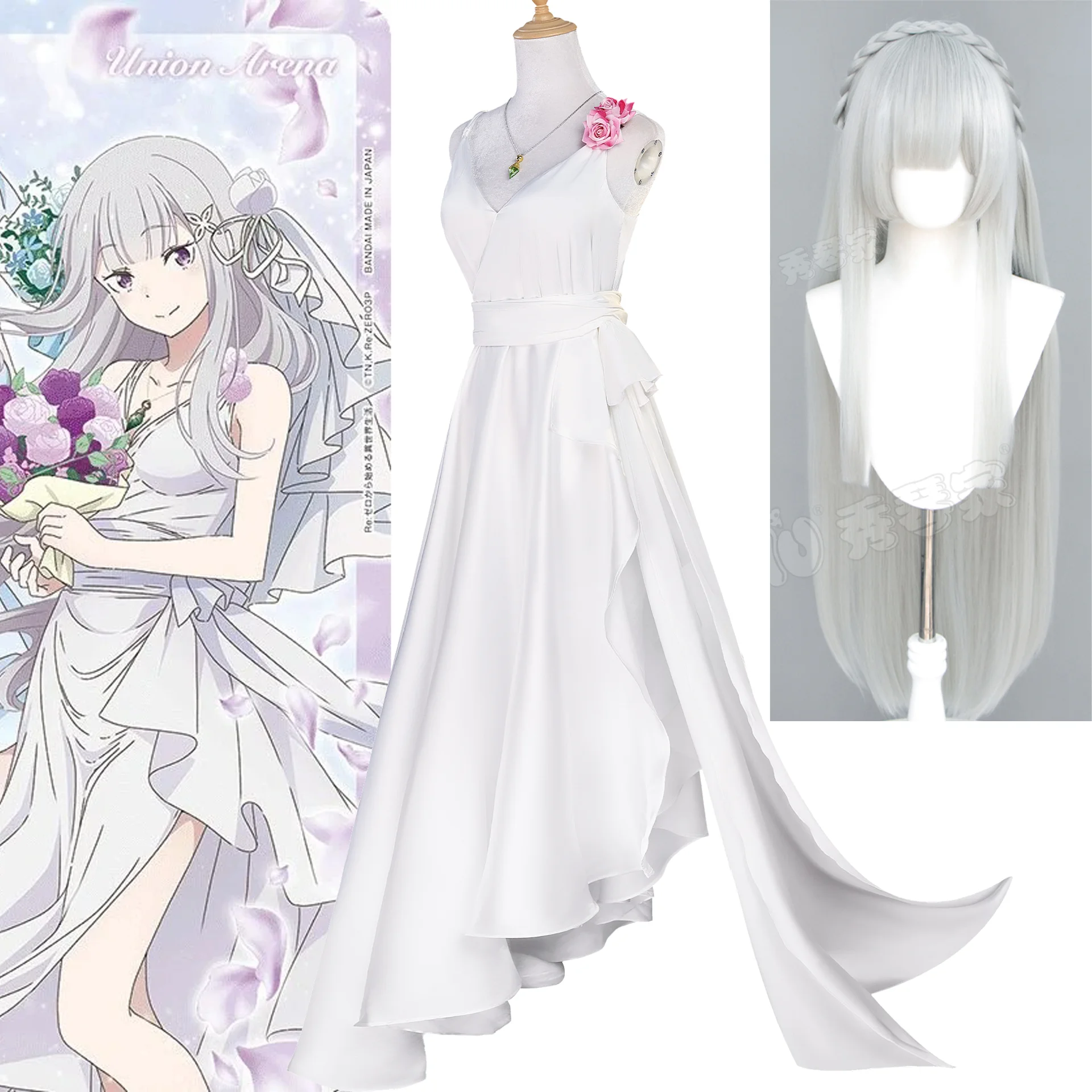 

Emilia Wedding Dress Anime Zero Cosplay Costume White Long Dress Elegant Clothes Silver Wig Girl Woman Halloween Comic Con Suit
