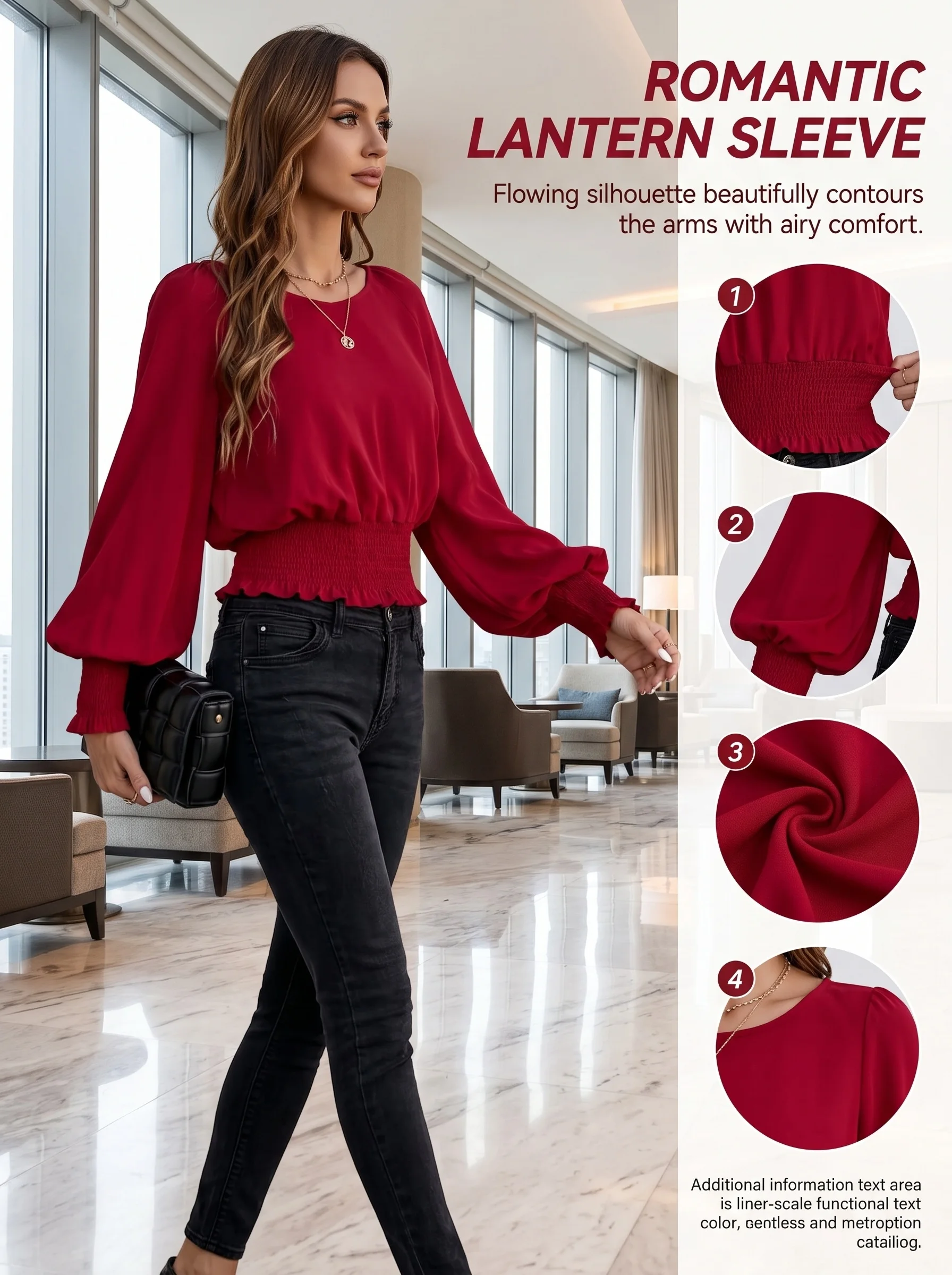 Damen Rote Bluse Lange Puffärmel O-Ausschnitt Geraffte Taille Rüschenmanschette Chiffon-Hemd Elegante Lässige Büro-Damen-Oberteile 2025 – Detail 2