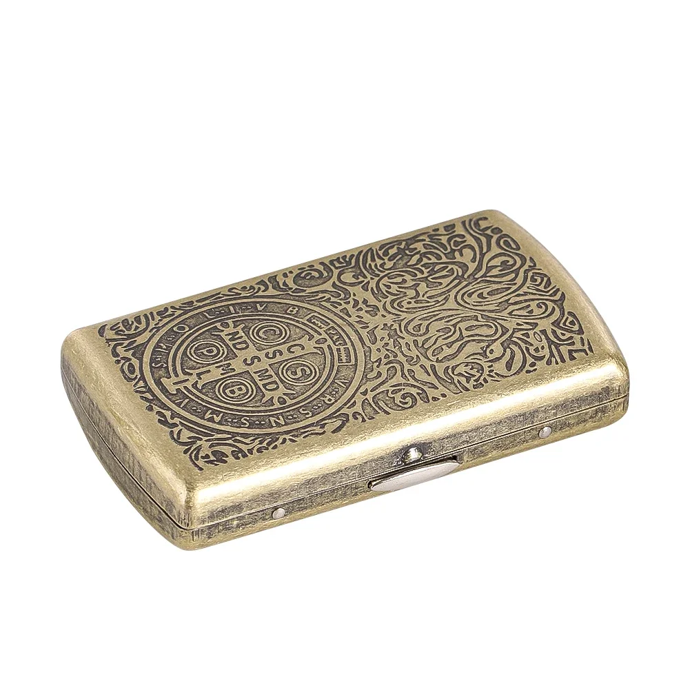 Vintage Bronze Engraved Cigarette Case Metal Tobacco Holder Flip Cover Pocket Smoking Storage Retro Pattern Gift Box