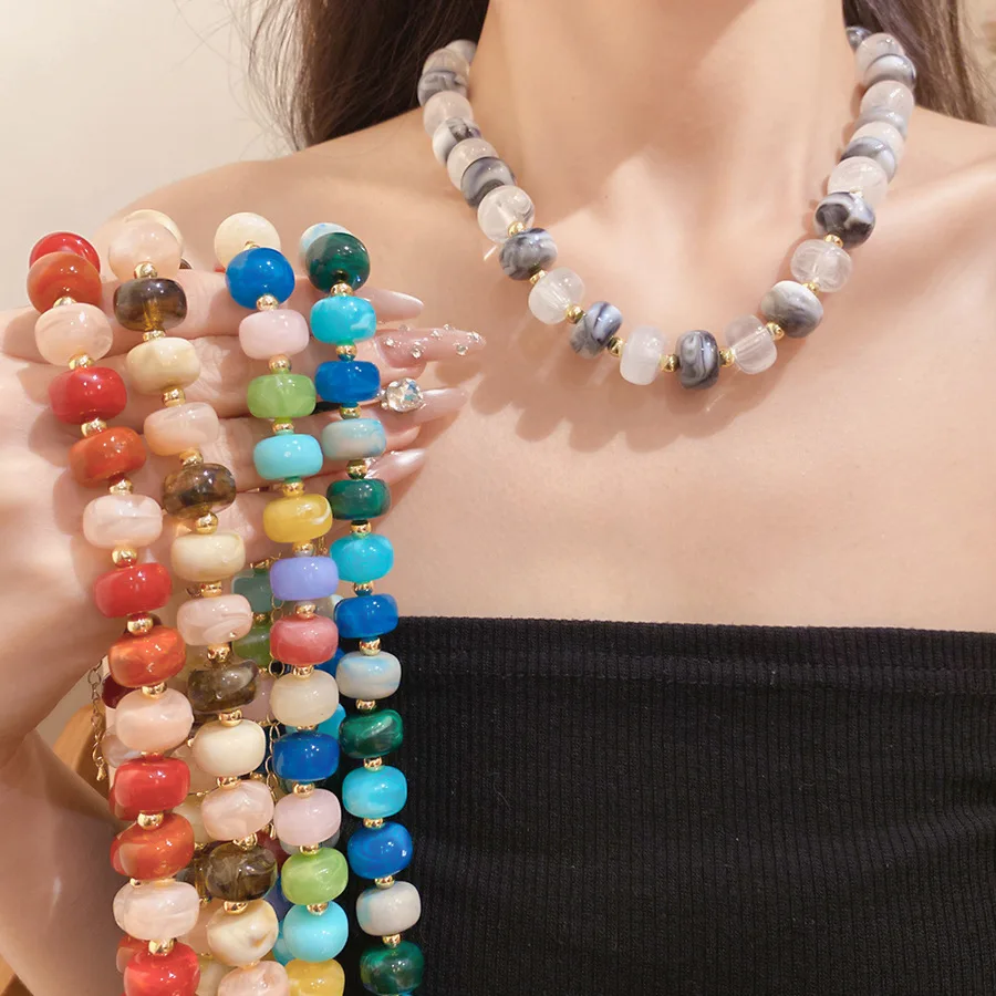 5 Styles Color-block Smudging Flat Acrylic Beaded Chokers Necklace Retro Bohemian Handmade Stackable Jewelry Beach Party A-15