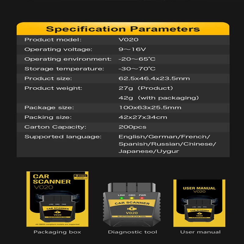 V020 elm327 v1.5 obd2 scanner support bluetooth 4 for ios/android/pc elm 327 code reader clear error engine car diagnostis tool