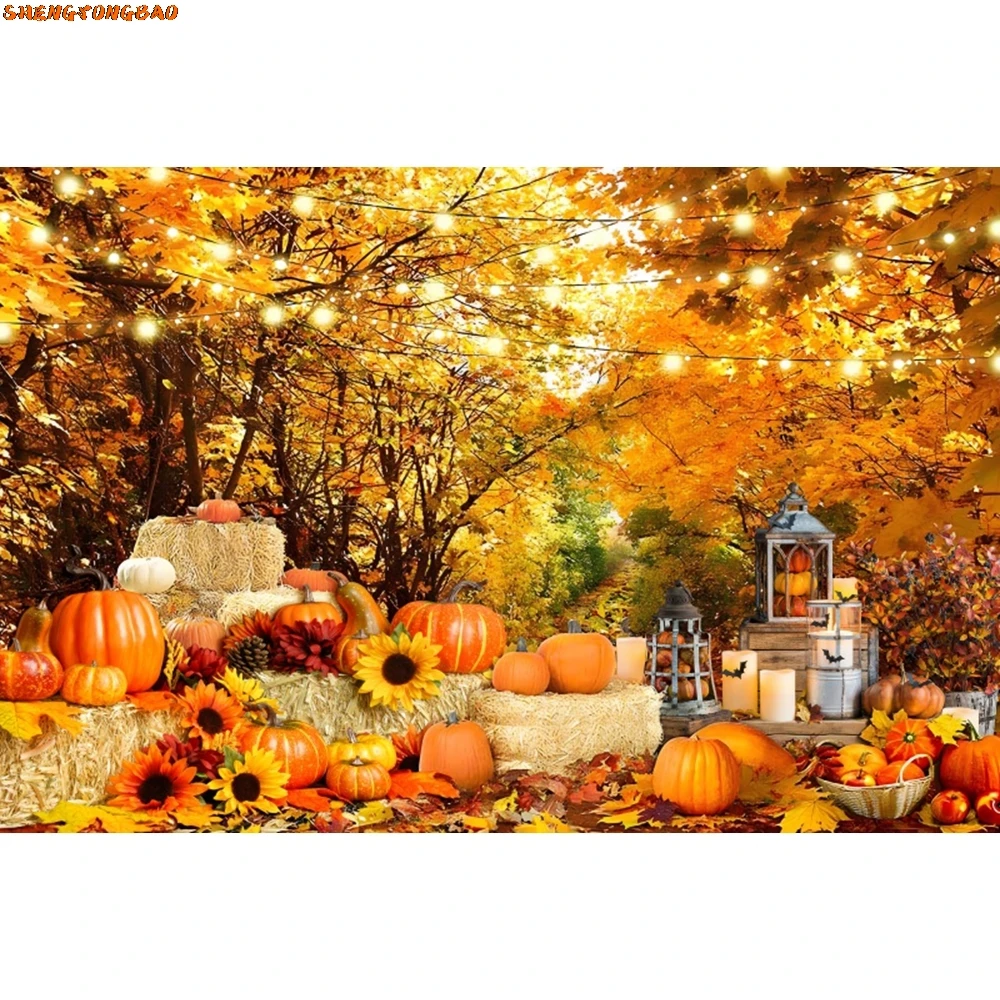 Autumn Forest Scene Backdrop Fall Farm Barn Window Pumpkin Haystack Harvest Thanksgiving Baby Portrait Photography Background