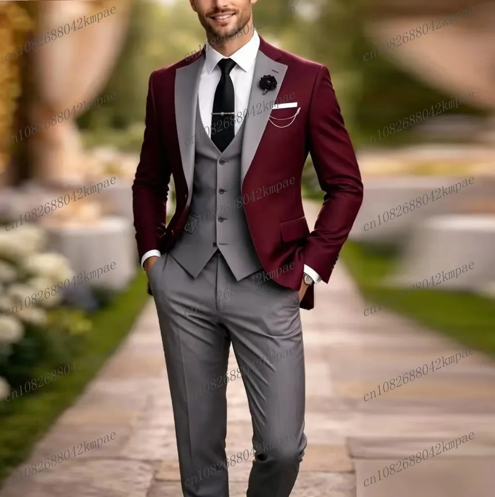 

New Burgundy And Grey Formal Men Suit Groom Groomsman Wedding Party Prom Business Male Tuxedos 3 Piece Set Blazer Vest Pants