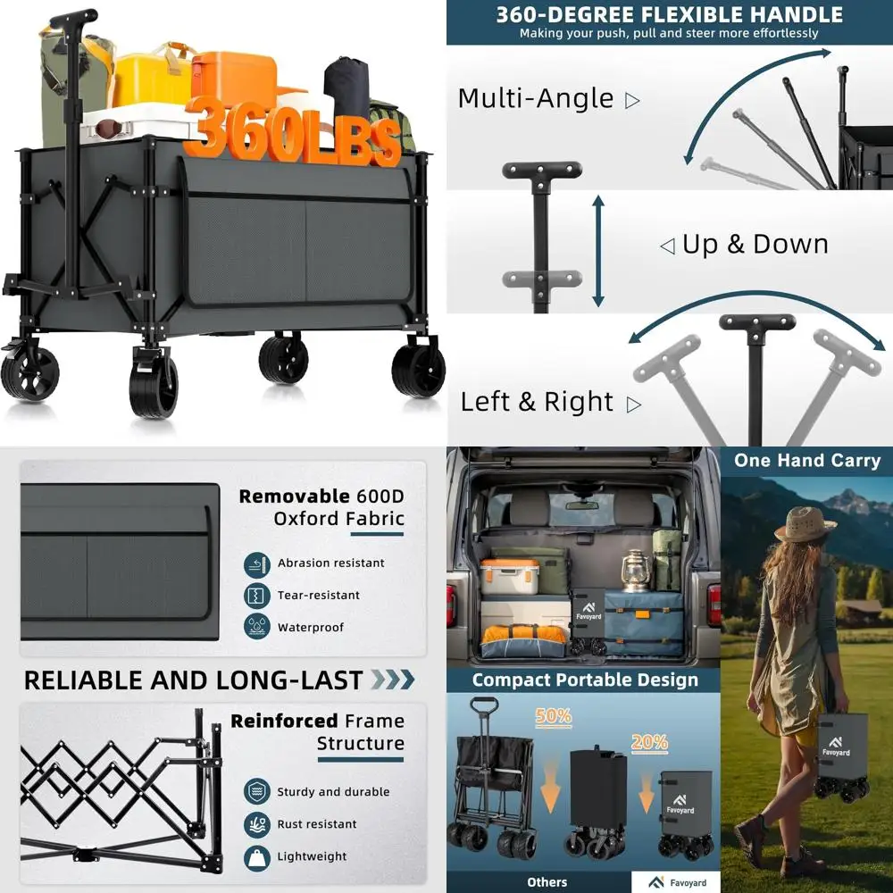 

Портативный складной универсальный фургон емкостью 150 л и несущей способностью 360 фунтов, вездеходными колесами и тормозами для активного отдыха.