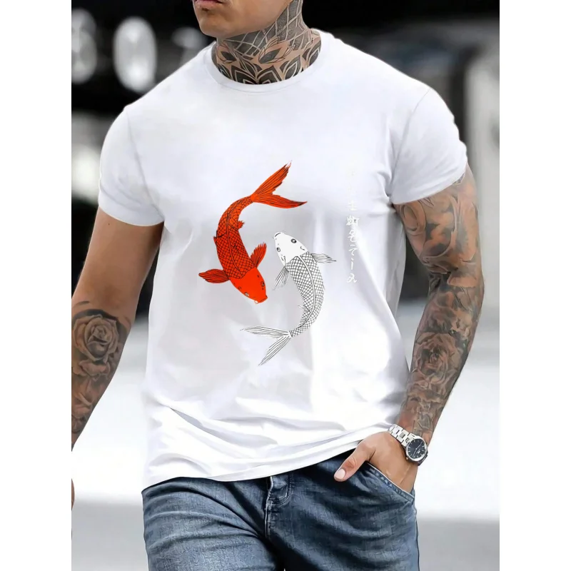 

Men's T-Shirt White Koi Fish Print with Japanese Text High Quality Cotton 180g