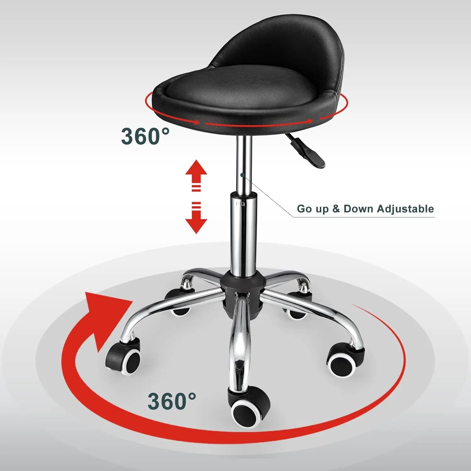 เก้าอี้สตูลหมุนได้แบบปรับได้พร้อมพนักพิง ล้อ และหนัง PU - รองรับน้ำหนักได้ 250 ปอนด์