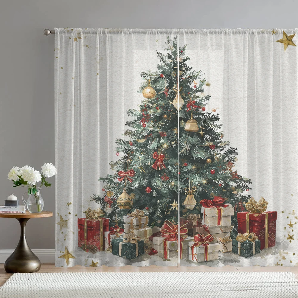 2Pcs Golden Globe Christmas Tree And Gift Box Print Home Decoration Window Screens Suitable For Coffee Shop, Restaurant