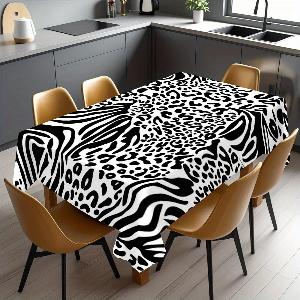 Animal Print Tablecloth, Black White Leopard Zebra Mixed Print, Washable Table Cover, Trendy Modern Dining Room Home Decor