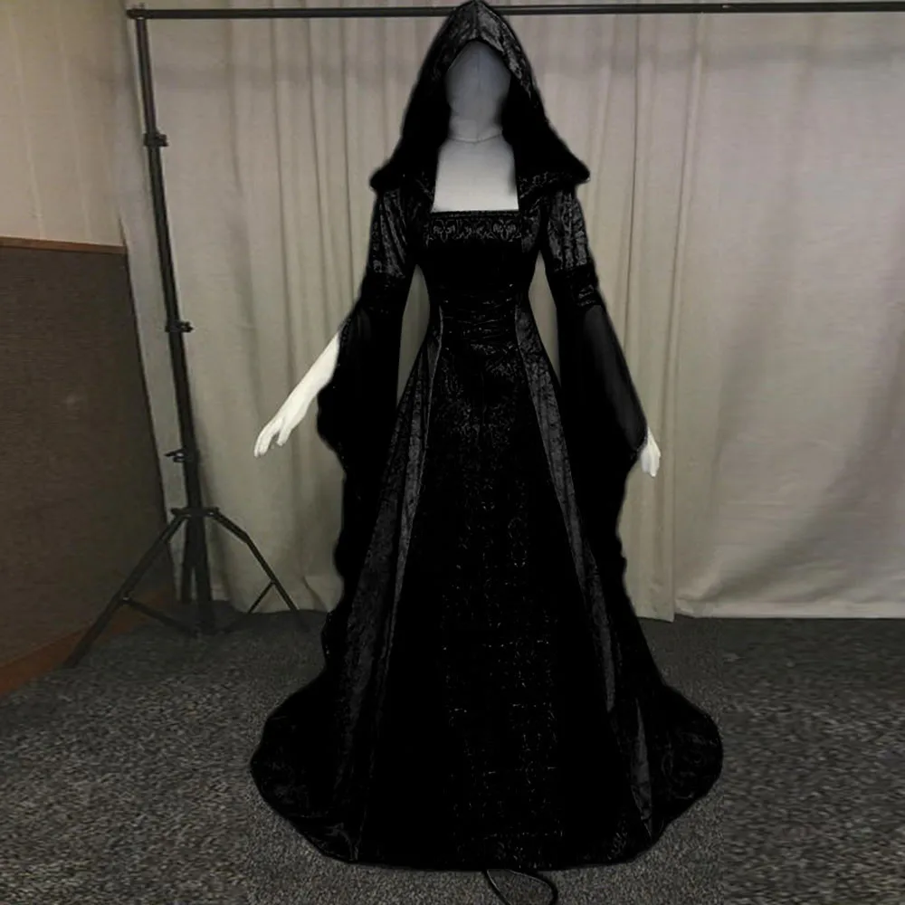 Vintage Gothic Kleider Halloween Renaissance Kapuze mittelalter liches Kleid boden langes Cosplay Kleid Prinzessin Boho viktoria nischen Kleid