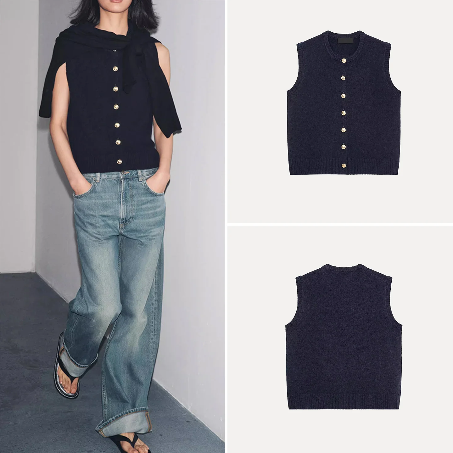 

2025 Autumn New Sle Women's Faion Personali Wool Button round Ne Svel Vest Z Brand Chinese Made Regular Th...