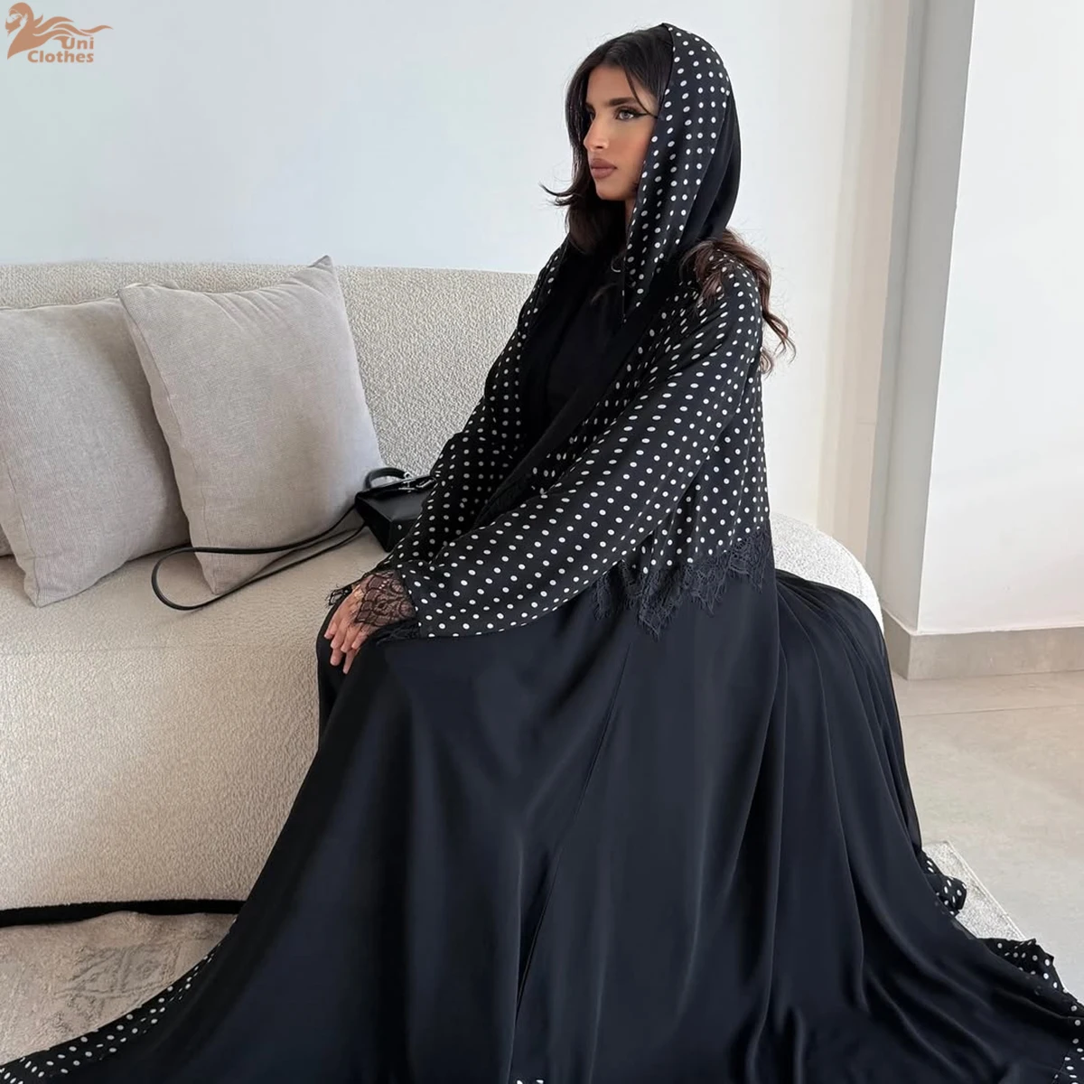 

Новая мусульманская абайя Zahraa в горошек с кружевными вставками, открытый кафтан, хиджаб, одежда для женщин, Дубай, 2026