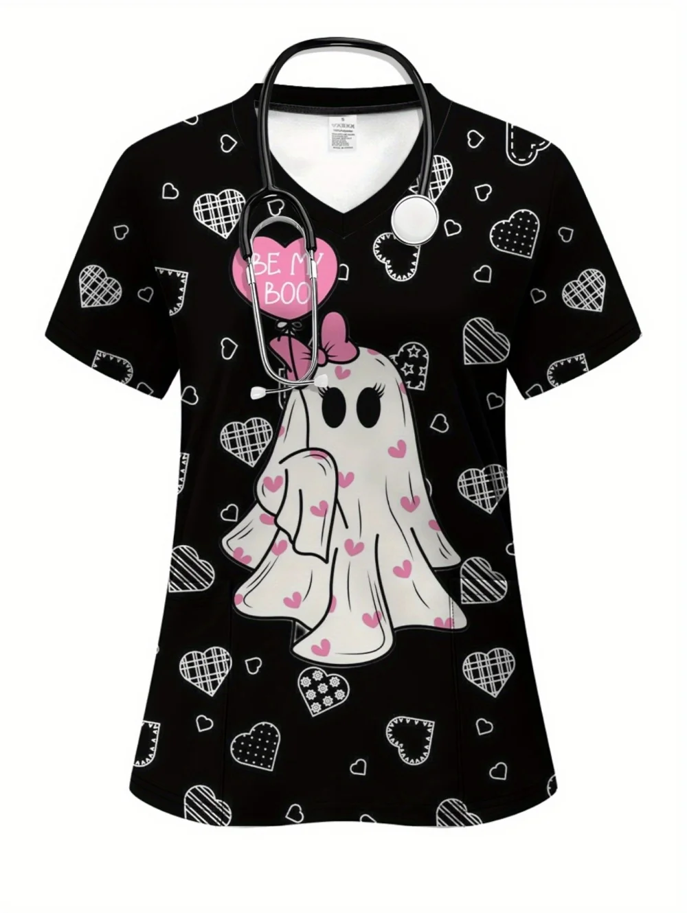 Halloween Surgical Uniforms Woman Cute Print with Hearts Bats Print V Neck Short Sleeve with Pockets Scrubs Uniform Woman Tops