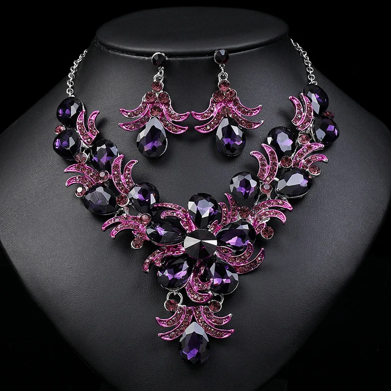 Luxury Exquisite Purple Crystal Flower Jewelry Sets For Women Wedding Party Accessories Rhinestone Stud Earrings & Necklace Gift