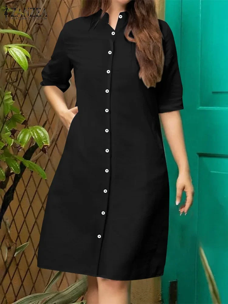 ZANZEA Abito camicia moda donna 2025 Abito autunnale Casual Mezza manica Bottoni Abito longuette Elegante lavoro agitato Vestito estivo Abiti
