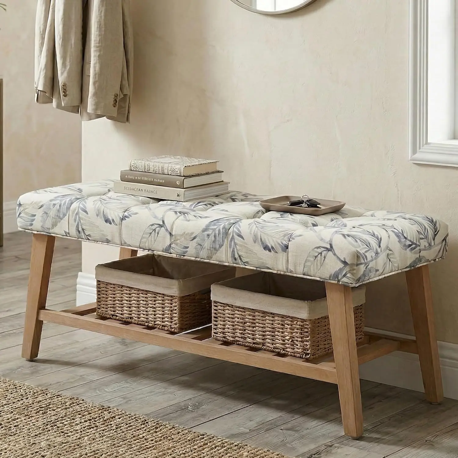 

Entryway Shoe Bench Storage Benches with Upholstered Button Tufted Seat and Open Slatted Shelf Linen Shoe Rack for, Customized