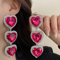 Rhinestone Heart Dangle Earrings Simple Pink Earrings Niche Premium Feeling Delicate Jewelry