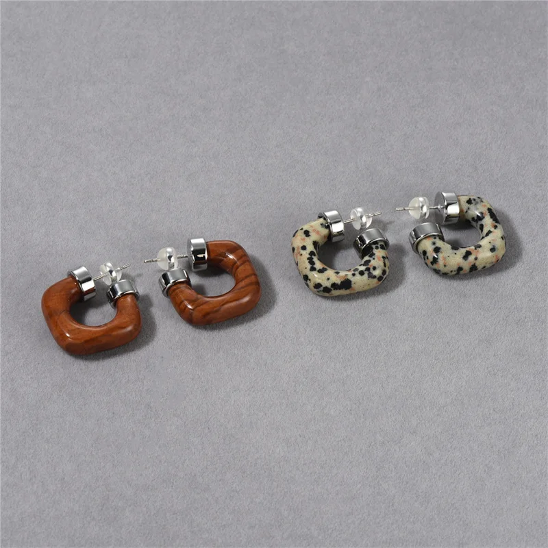 

Simple Fashion Square Speckled Stone Wood Grain Stone Earrings for Women Light Luxury Design Vintage Trend Banquet Jewelry