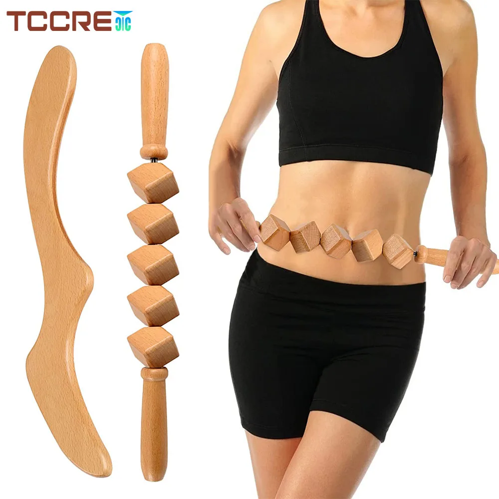 2Pcs Wooden Massage Roller Tool & Wooden Gua Sha Tool Wood Therapy Lymphatic Drainage for Anti Cellulite Back Muscle Pain Relief