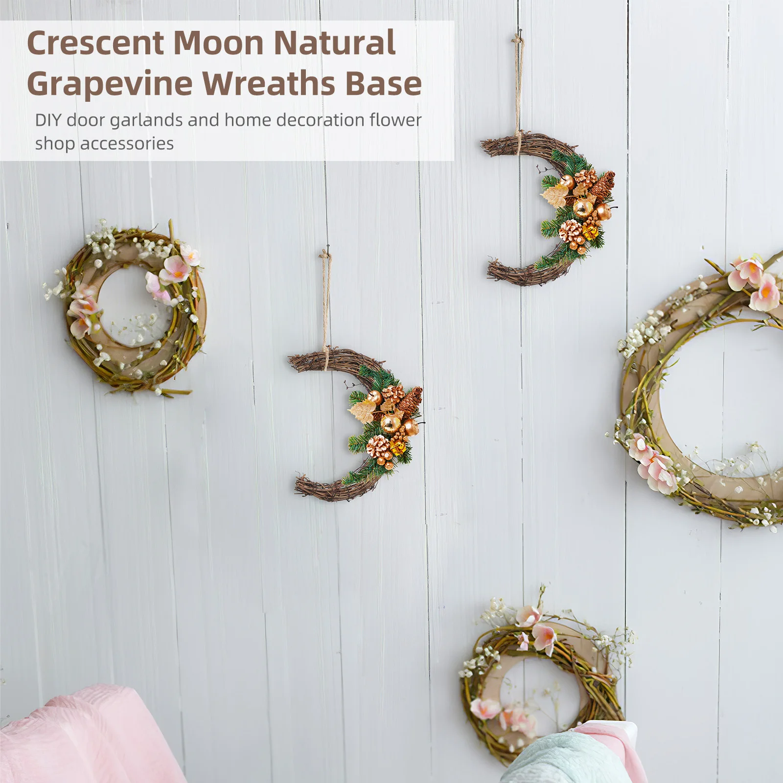 

2Pcs Handicrafts Rattan Wreath Ring DIY Vine Branch Circle for Festive Home Decor Party Wall Hanging Moon Shaped Wreath Rattan