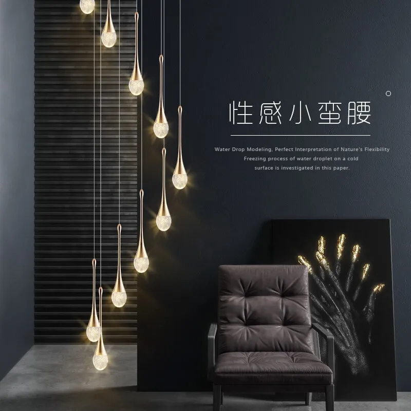 Modern minimalist stair chandelier creative soft light duplex chandelier restaurant villa rotating staircase long chandelier