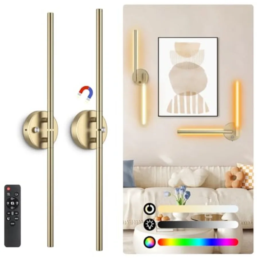 

Набор из двух беспроводных магнитных настенных светильников на батарейках с пультом дистанционного управления, 360° ° DIY-светильник с поворотным механизмом, 5 режимов цветовой температуры, регулировка яркости, таймер, RGB