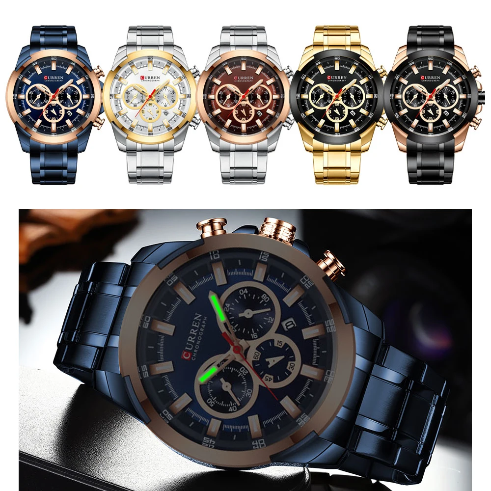 CURREN Luxury Sport Watches for Male Casual Quartz Chronograph Wristwatch Classic Luminous Hands Clock with Stainless Steel Band