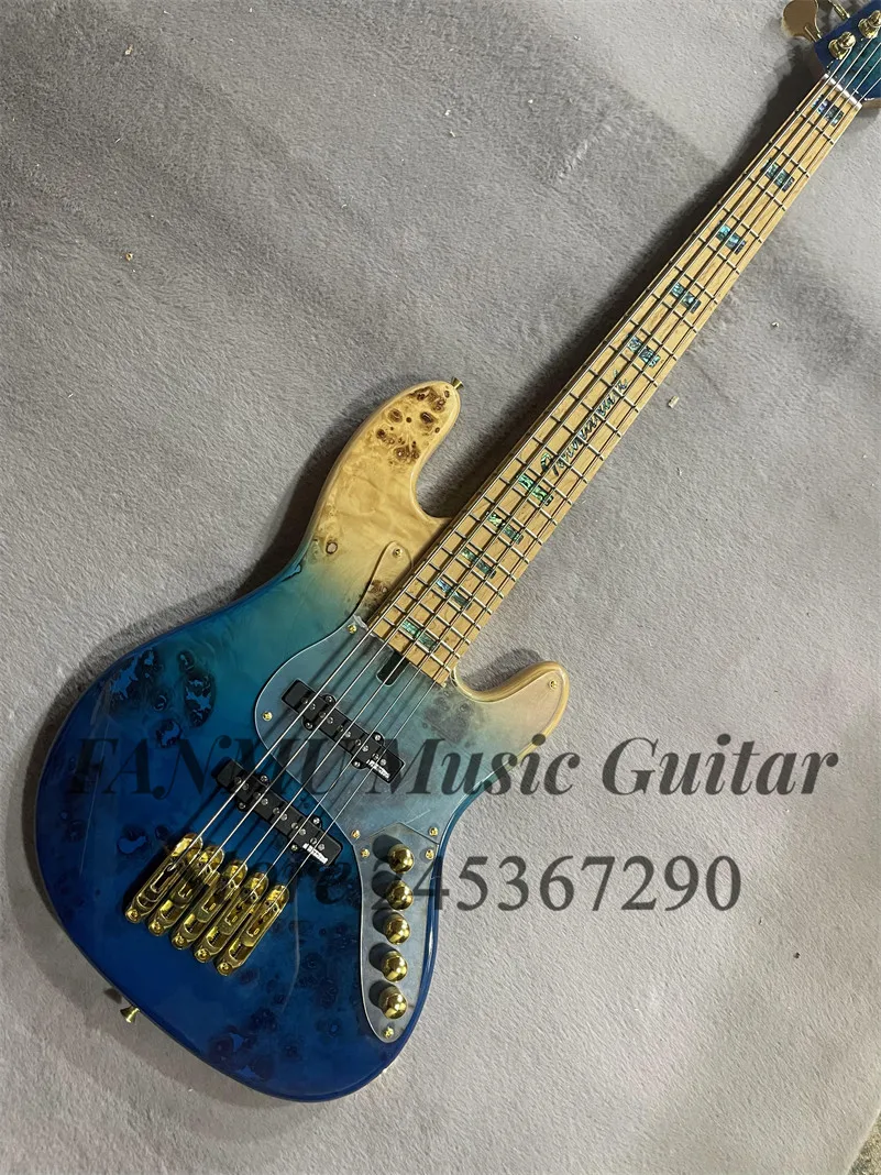 Blue bass 5 strings electric bass Burl maple top ash wood body roasted maple neck gold bridge active battery