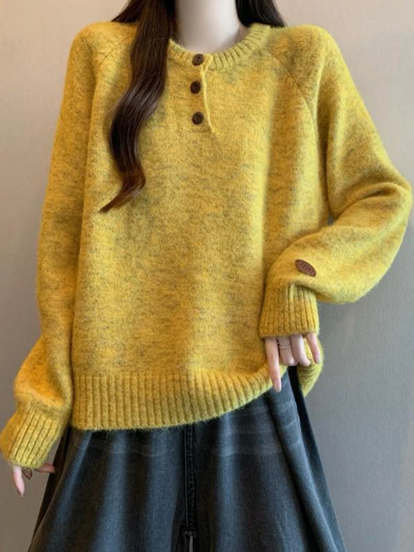 

Желтый утепленный повседневный вязаный свитер женский осенне-зимний свободного кроя, комфортный, больших размеров, в стиле кэжуал, премиум-класса, с круглым вырезом