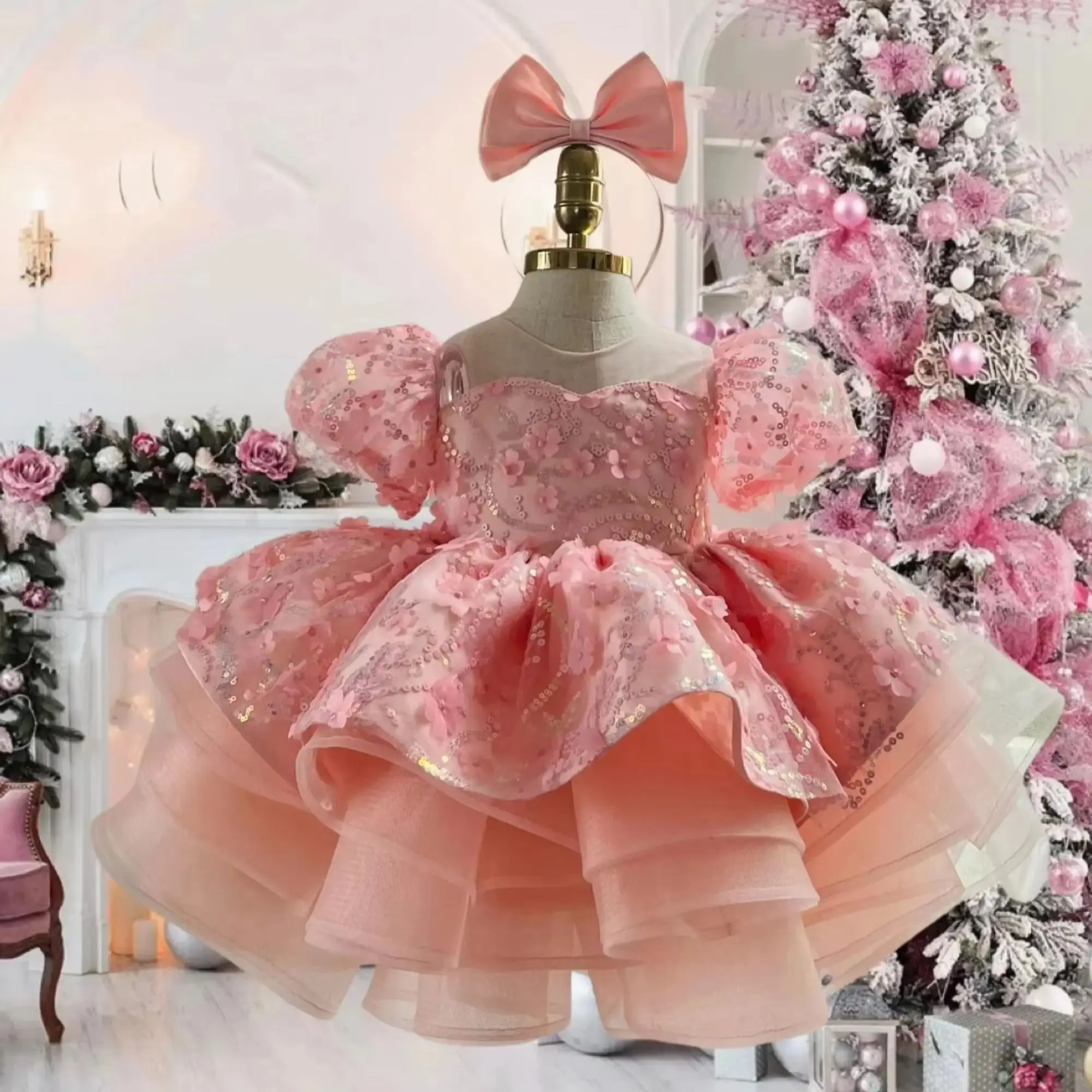 Handmade New Celebration Flower Girl Dresses Red Party Gown Baby Girls Tutu Gift Christmas Gown Princess