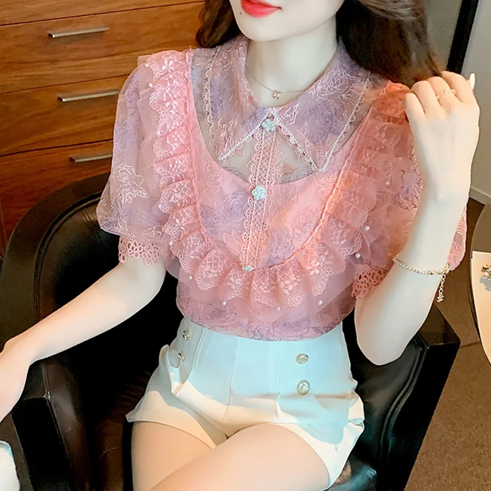 Summer Elegant Lace Pearl Sweet Chiffon Shirt Womens 2022 New Fashion Fairy Blouses Puff Sleeve Rose Print Tops Mujer Blusas