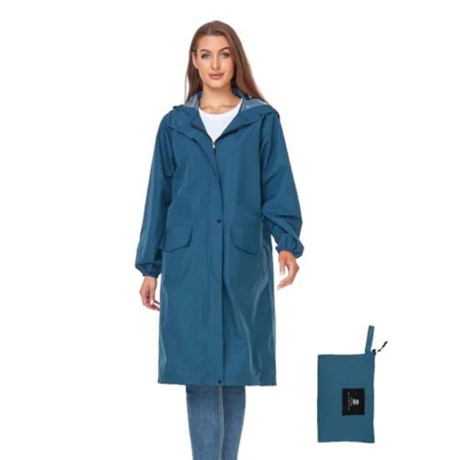 

Women's Long Rain Jacket Waterproof Lightweight Hooded Raincoat Packable Knee Length Rain coat