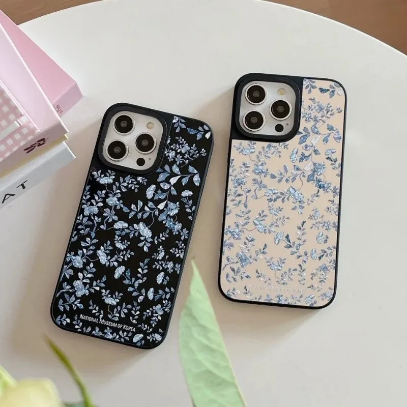 Funda de teléfono con espejo de flores de Museo Coreano para IPhone 11 12 13 14 15 16 Pro Max funda para IPhone 16 Pro Max