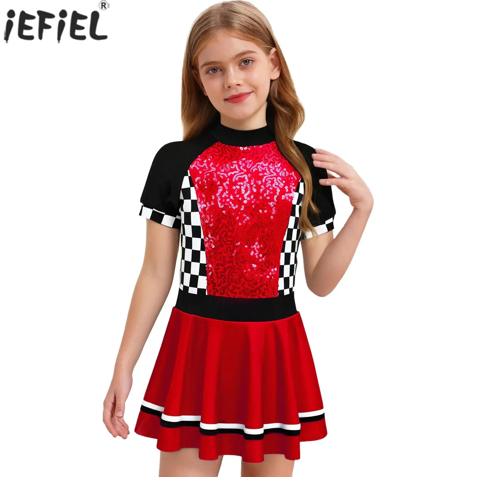 

Kids Girls Racing Car Driver Costume Short Sleeve Shiny Sequin Plaid Dress Leotard Halloween Racer Roleplay Theme Party Dress Up