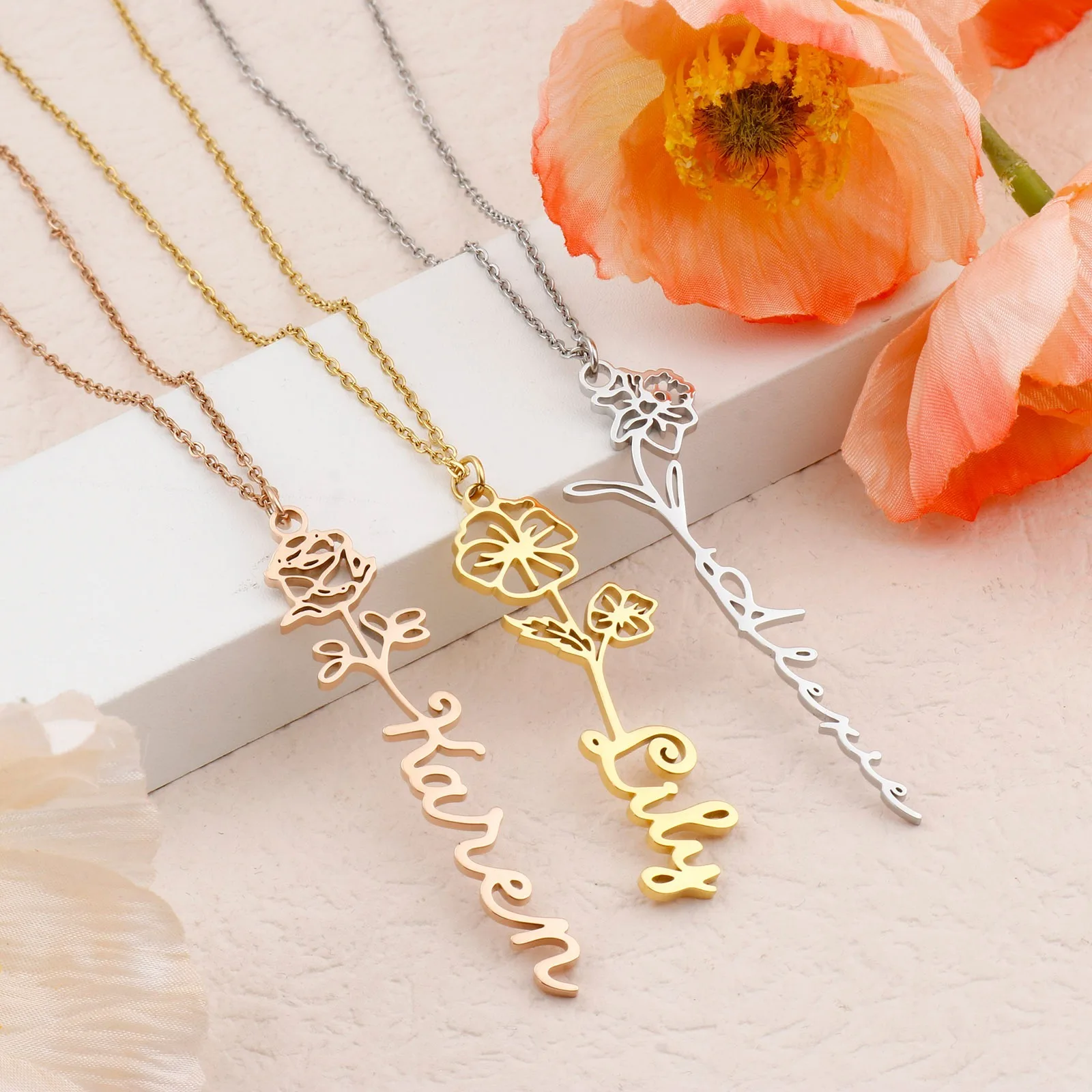 

Customized Stainless Steel Necklace Birthday Gift Name Flower Pendant Necklace Women Personalized Choker Chain Nameplate 45cm