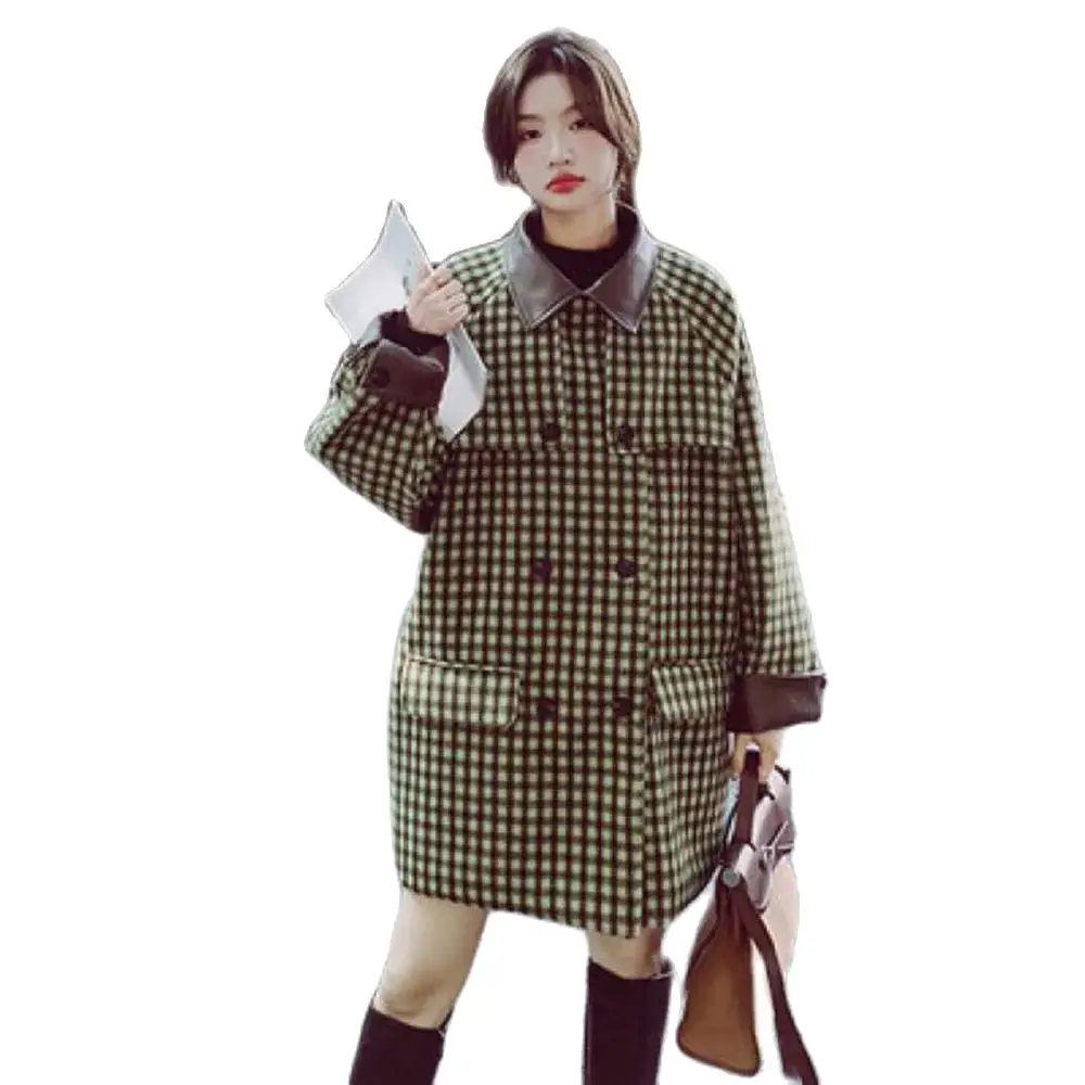 

South Korea's Green Plaid Woolen Coat Women's Autumn And Winter NewTemperament Pu Leather Stitching Knee-high Fashion Woolen Coa