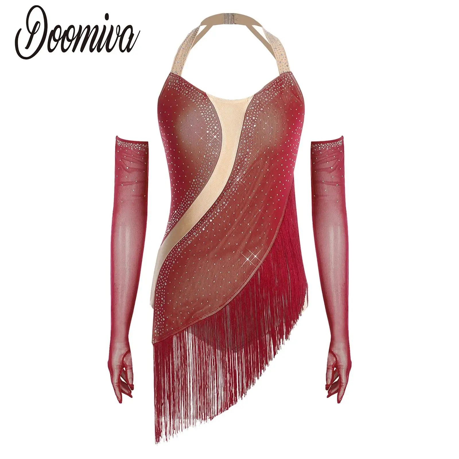 

Women Latin Cha-cha Dance Tassel Bodysuit Jumpsuit Tango Jazz Dance Costume Rhinestone Halter Backless Fringe Leotard and Gloves