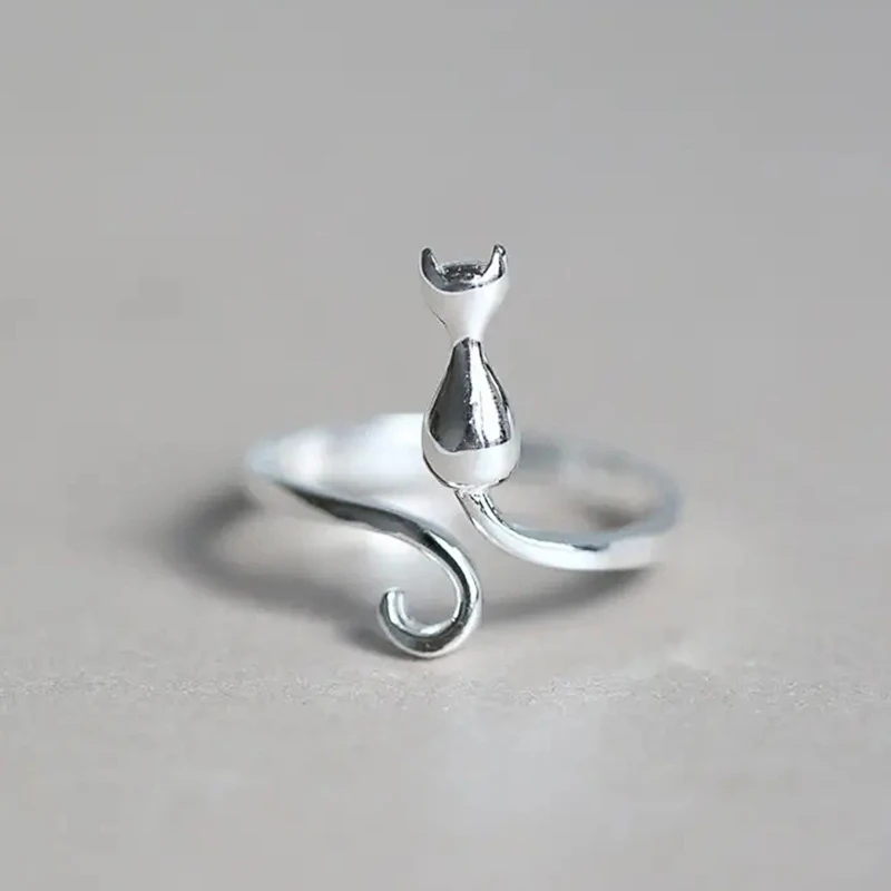 Huitan Silver Color Cat Ring for Women Opening Resizable Animal Rings Simple Stylish Girls Accessories Fashion Versatile Jewelry image 4