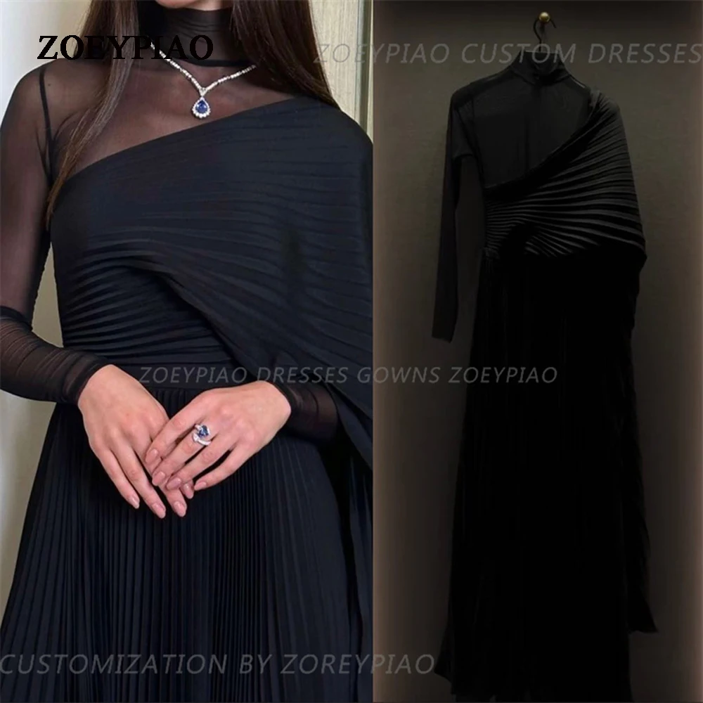 

Black Chiffon Shawl Sleeves Prom Dresses Robe De Soiree High Neck A Line Formal Event Occasion Evening Gowns Vestido De Noche