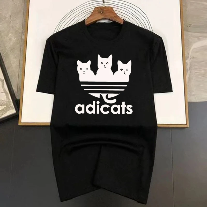 Three Cats Printed Unisex Soft And Comfortable T Shirt Cool Shirts O-Neck Streetwear Black and White Tee Man