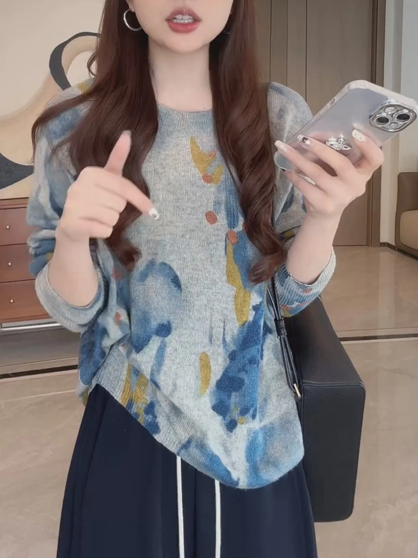 

Faionable Long Sve adient Вязаный свитер Свободный утягивающий женский осенний топ Lazy Sle Теплый вылучающий круглый Ne Pull...