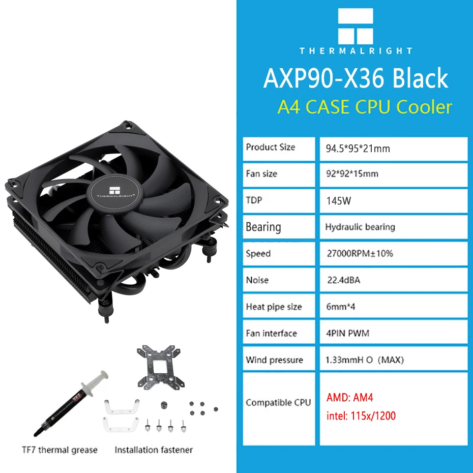 AXP90 X36 CPU-koeler – 4 Heatpipes, 92 Mm Ventilator – Laag Profiel (36 Mm) – 2700 RPM – Compatibel Met AM4/AM5 En LGA1700/1851/1200/115x – ITX-koeler