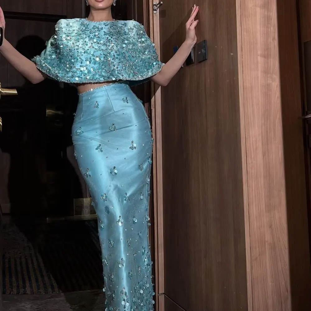

Ice‑Blue Sequin Mermaid Evening Dress Off‑Shoulder Crop Top Floor‑Length Satin Skirt, Elegant Party & Prom Gown Crystal Details