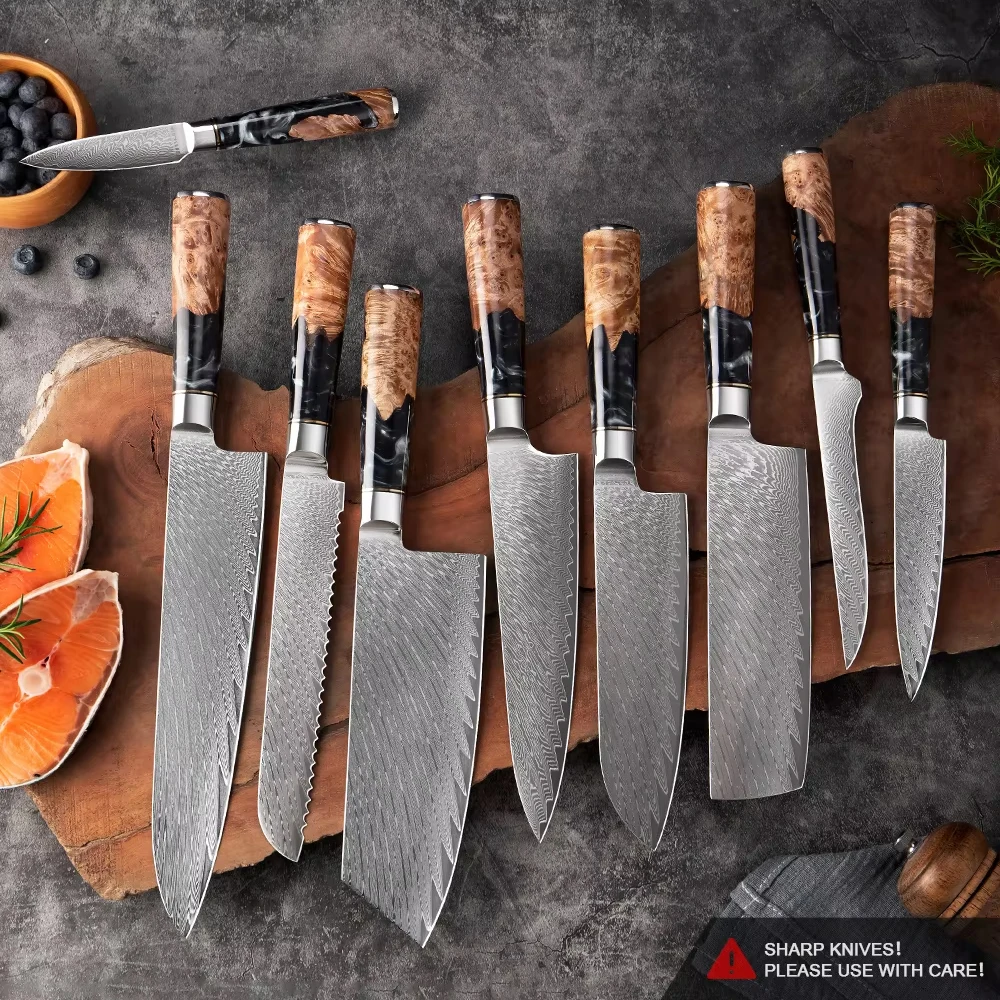 Damascus Steel Kitchen Knives 1-9PC Set XITUO Japanese Chef Knife Cleaver Bread Knife Resin and Wooden Ergonomics Handle Sharp